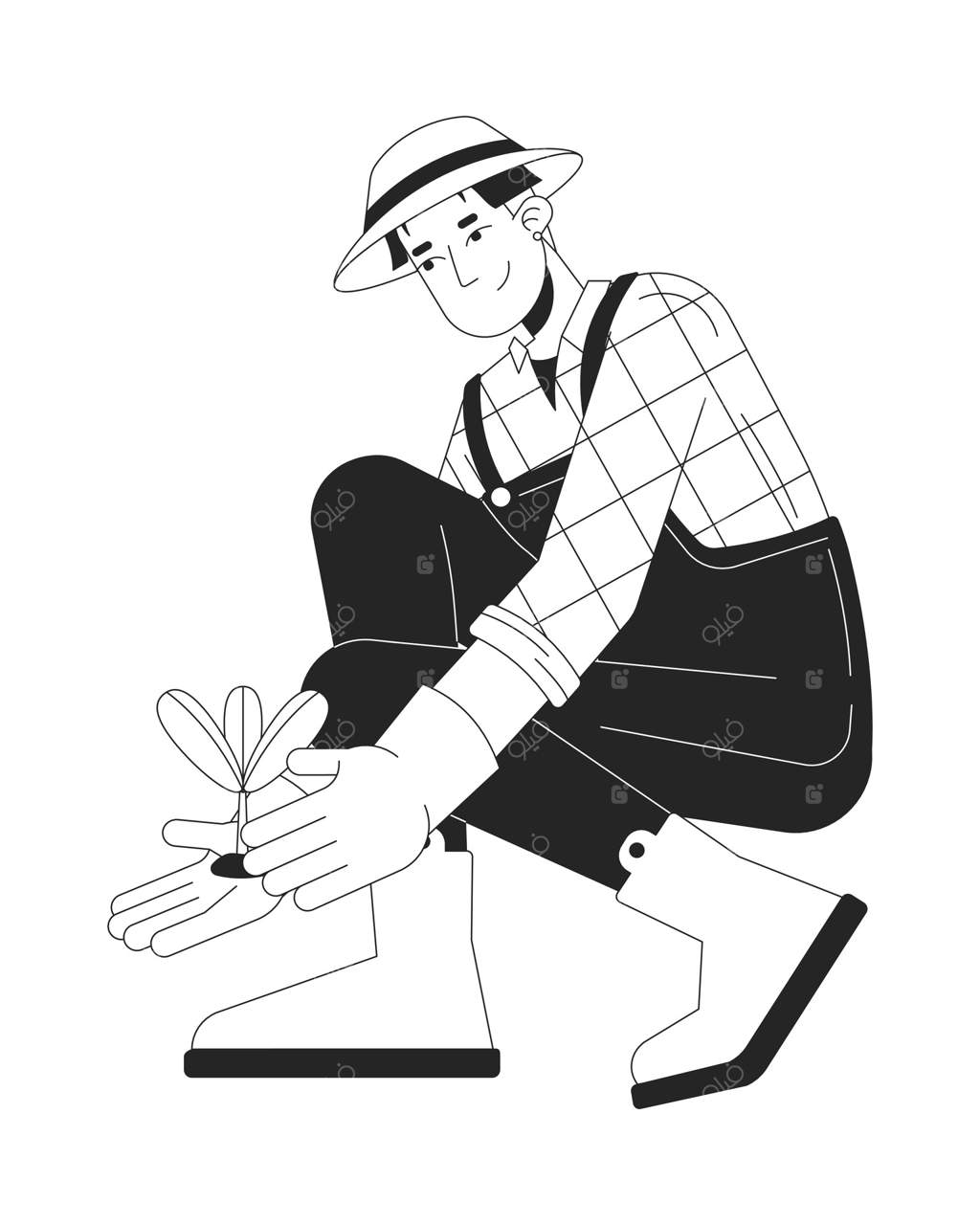 شخصیت کارتونی مرد کره‌ای در حال کاشت نهال. کشاورز آسیایی با نهال جوان، شخصیت مسطح جدا شده در زمینه سفید. تصویرسازی رنگارنگ از مزرعه کشاورزی سبزیجات.