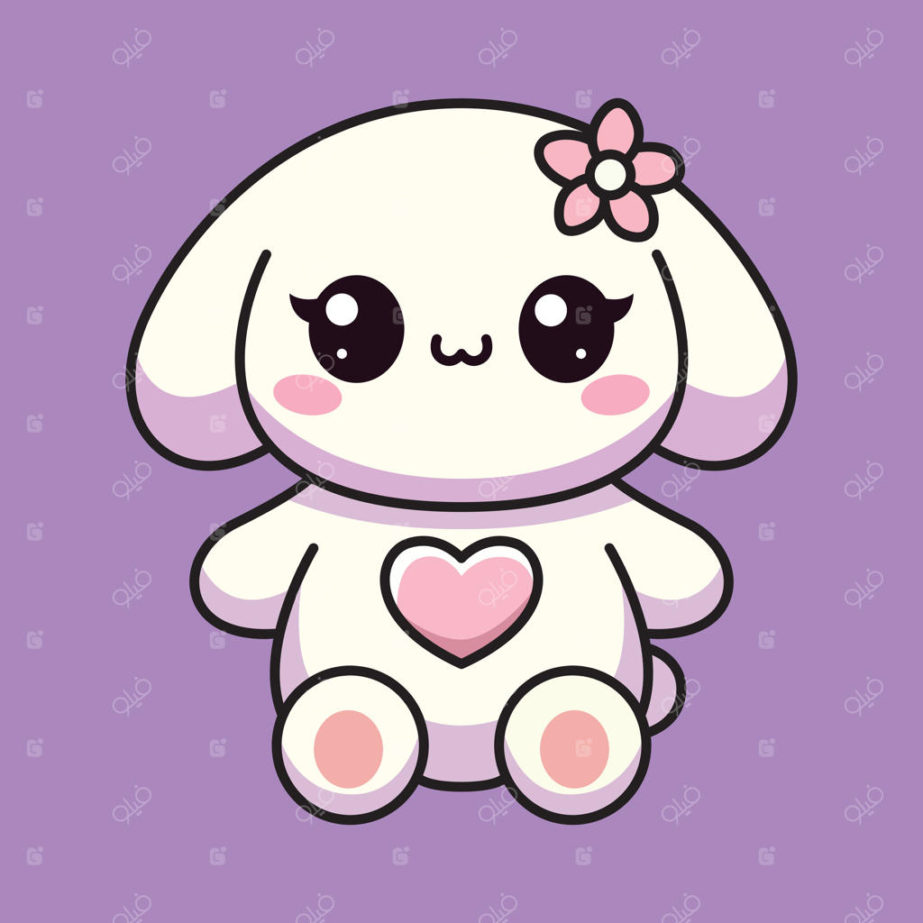 خرگوش بامزه و ناز با قلب روی شکم و گل بر گوش. ایده‌آل برای طراحی‌های کودکانه، برچسب‌ها و دکوراسیون اتاق کودک.