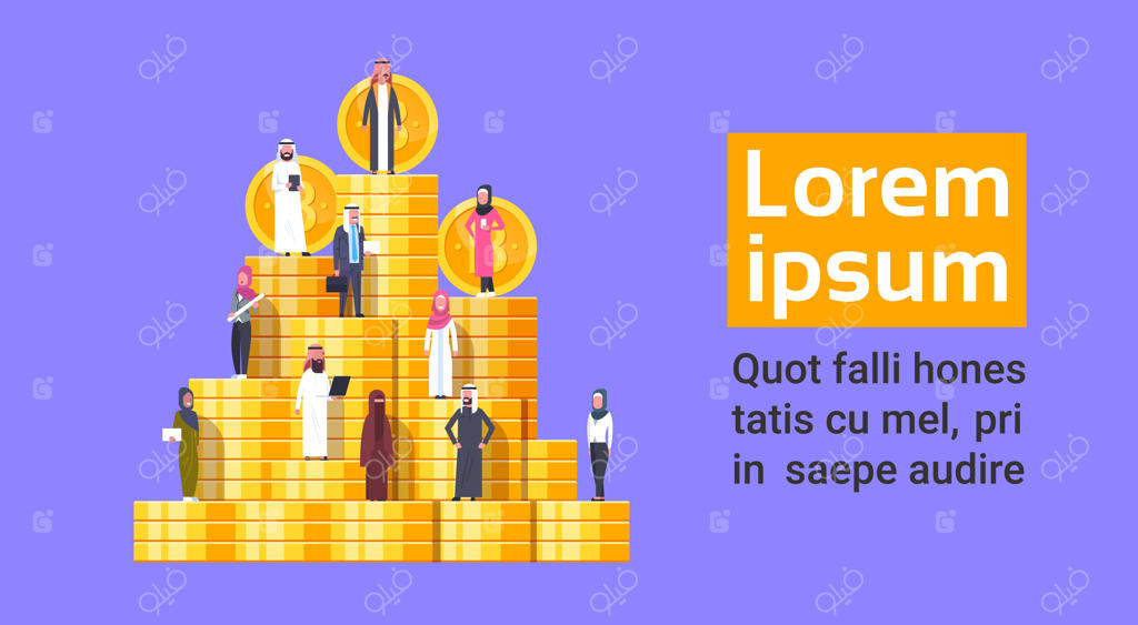 مردم عرب در کنار انبوه بیت‌کوین - الگوی بنر مفهومی پول دیجیتال و استخراج ارزهای دیجیتال