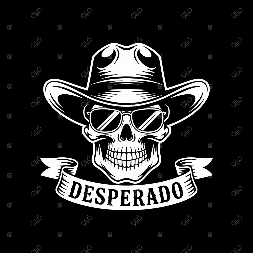 جمجمه‌ی خاکستری با کلاه کابوی و عینک آفتابی و بنر "دسپِرادو" بر روی پس‌زمینه‌ی سیاه