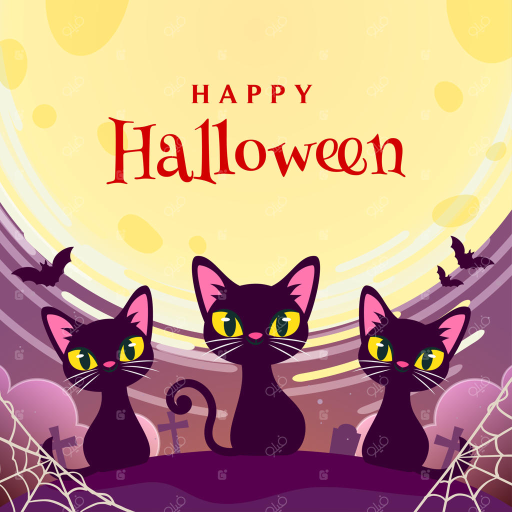 کارت تبریک هالووین با طرح گربه‌های سیاه