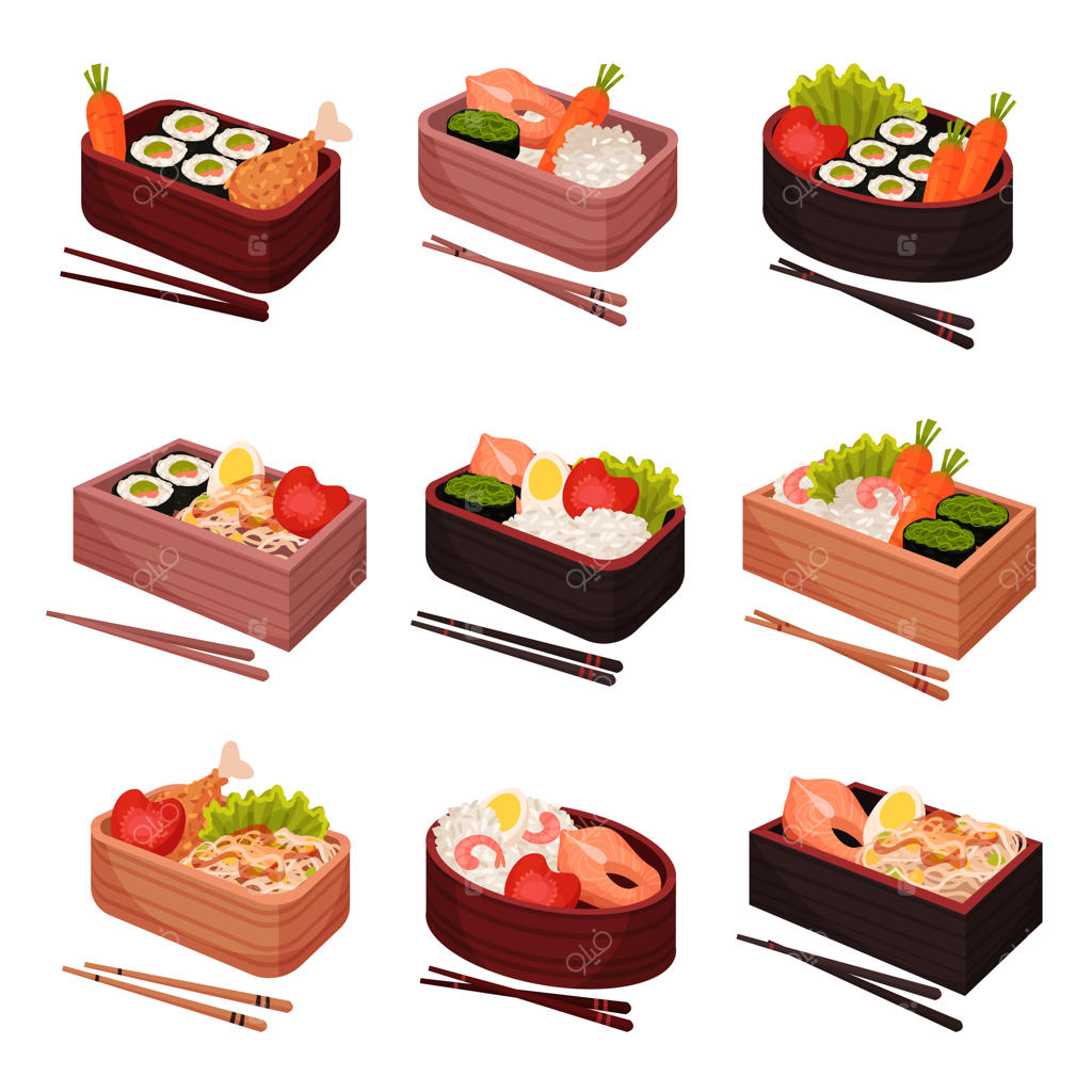 غذای ژاپنی در پس‌زمینه سفید: آشپزی سنتی شرقی.