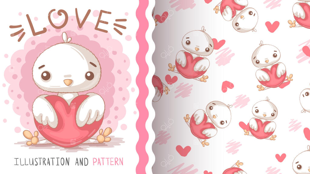 شخصیت کارتونی کودکانه: جوجه پرنده با قلب