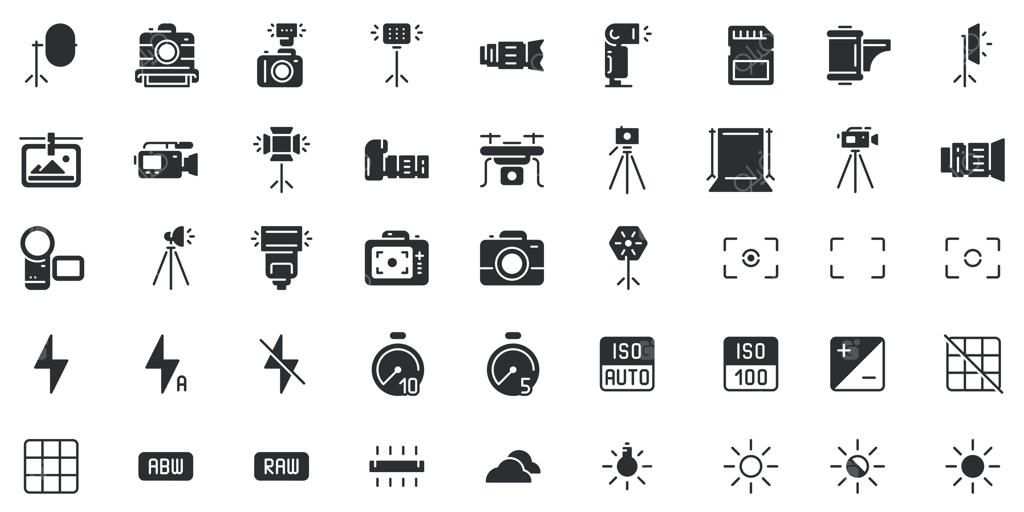 آیکون سیلوئت دوربین عکاسی: مجموعه وکتور آیکون‌ سرعت شاتر، دیافراگم و نوردهی دیجیتال دوربین عکاسی