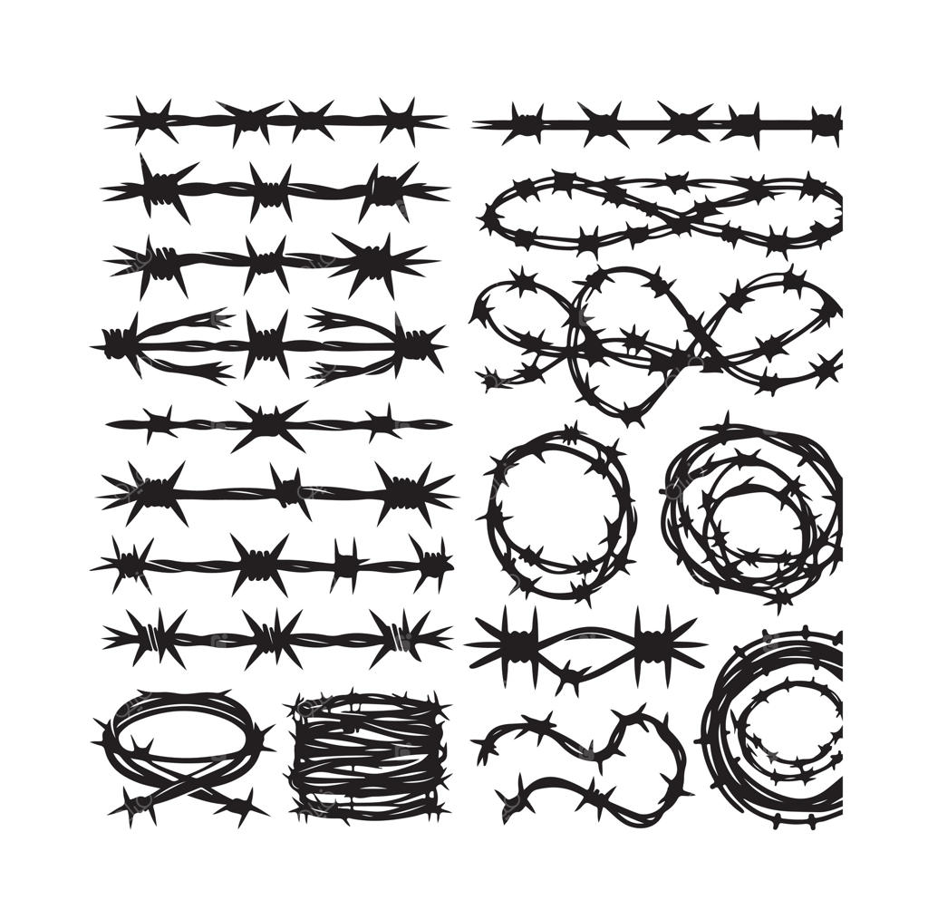 سیم خاردار با پس‌زمینه سفید جدا شده - مجموعه حصار زندان خشن در سبک مینیمال و هندسی. تصویر مناسب برای طراحی وب.