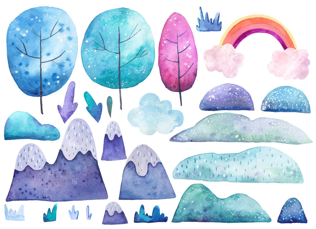 مجموعه‌ای از عناصر طبیعت: درختان، زمین، چمن - تصویرسازی با آبرنگ