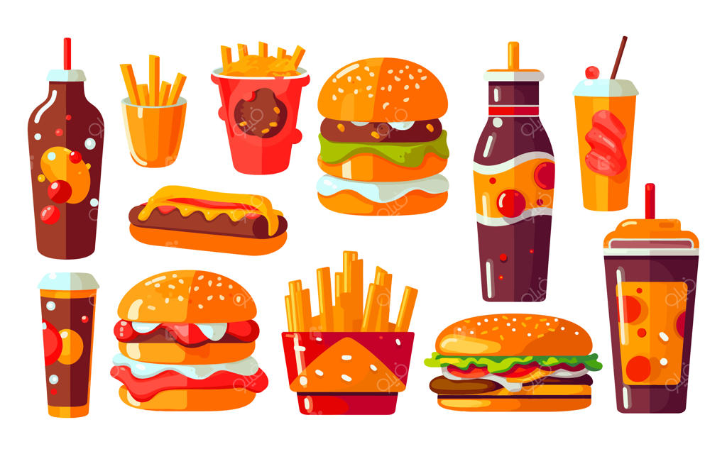 مجموعه وکتور فست فود شامل پیتزا، برگر، نوشابه و سیب‌زمینی سرخ‌کرده در پس‌زمینه سفید