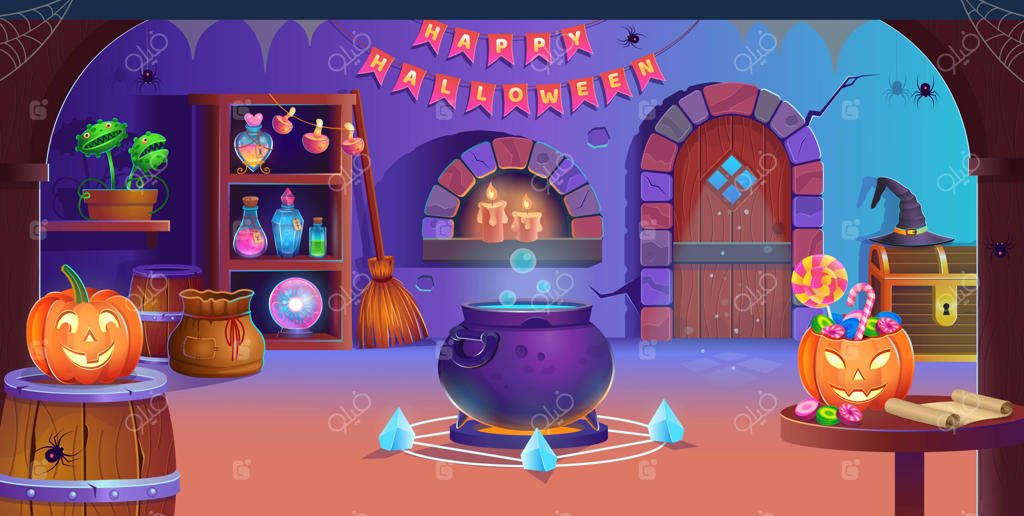 هالووین مبارک! دکوراسیون اتاق هالووین با در، دیگ جادو، کدو حلوایی، آب‌نبات، کلاه جادوگر، گوی جادویی، معجون‌ها، جاروب، تله مگس، عنکبوت‌ها و شمع‌ها. پس‌زمینه‌ای برای بازی‌ها و برنامه‌های موبایل.
