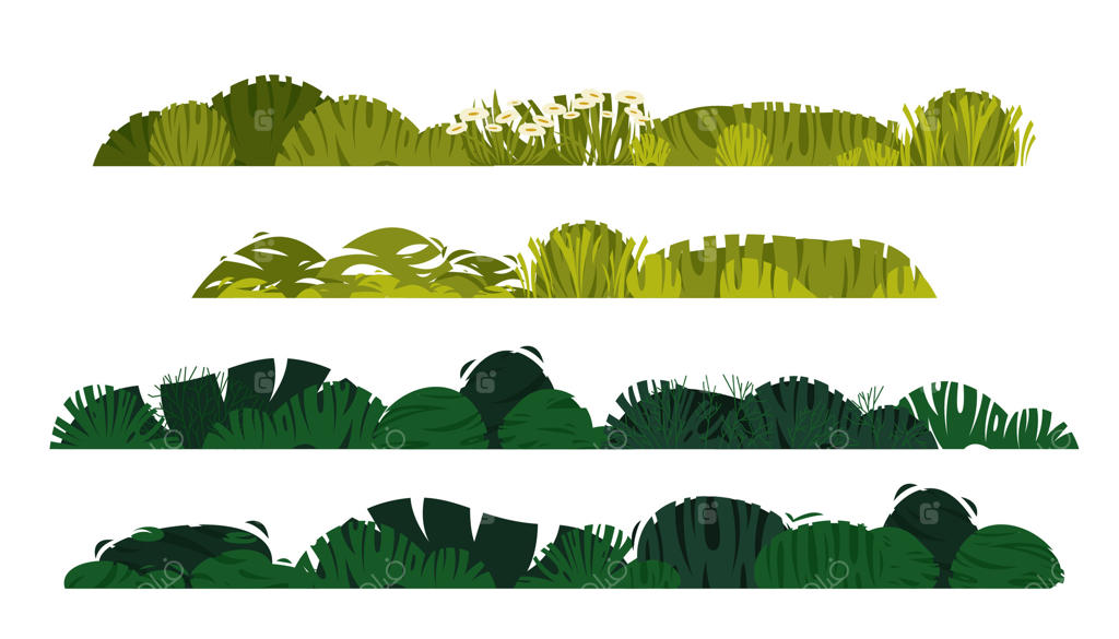بوته‌های کارتونی سبز: گیاهان دکوراتیو جنگلی و باغی، عناصر طراحی فضای سبز پارک، با برگ‌های پهن و متنوع. مجموعه‌ای جداگانه