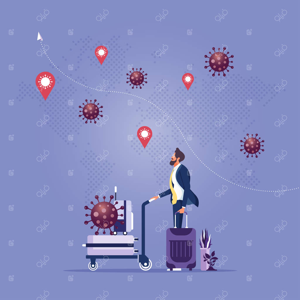 تأثیر ویروس کرونا بر سفر و گردشگری: مسافری با چمدان در احاطه ویروس‌ها