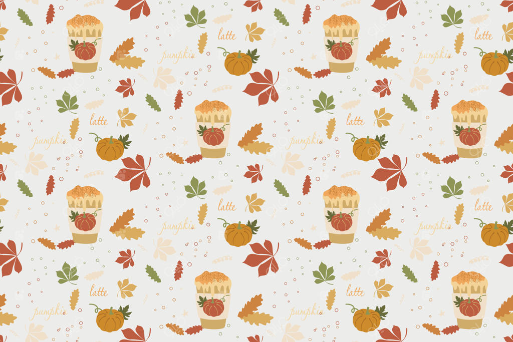 پس‌زمینه لاته با طعم کدو حلوایی، قهوه کدو و شاخ و برگ‌های باغچه، پترن یکپارچه تزئینی. تصویرسازی پاییزی با عناصر گیاهی و نوشیدنی گرم روی زمینه سفید برای قالب طراحی