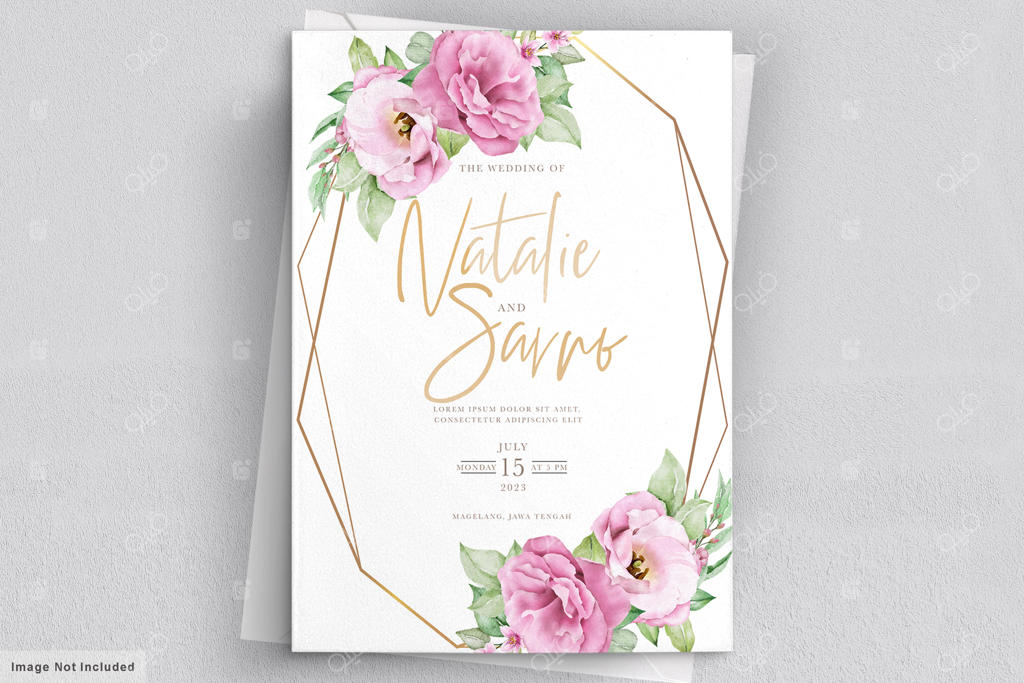 مجموعه قالب دعوت‌نامه عروسی با طرح گل رز صورتی و برگ‌ها