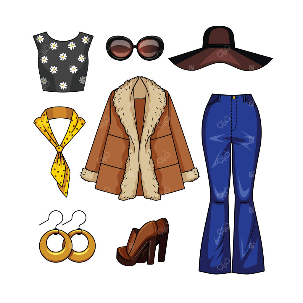 تصویرسازی واقع‌گرایانه لباس‌های مد زنان در سبک دهه ۷۰ میلادی.