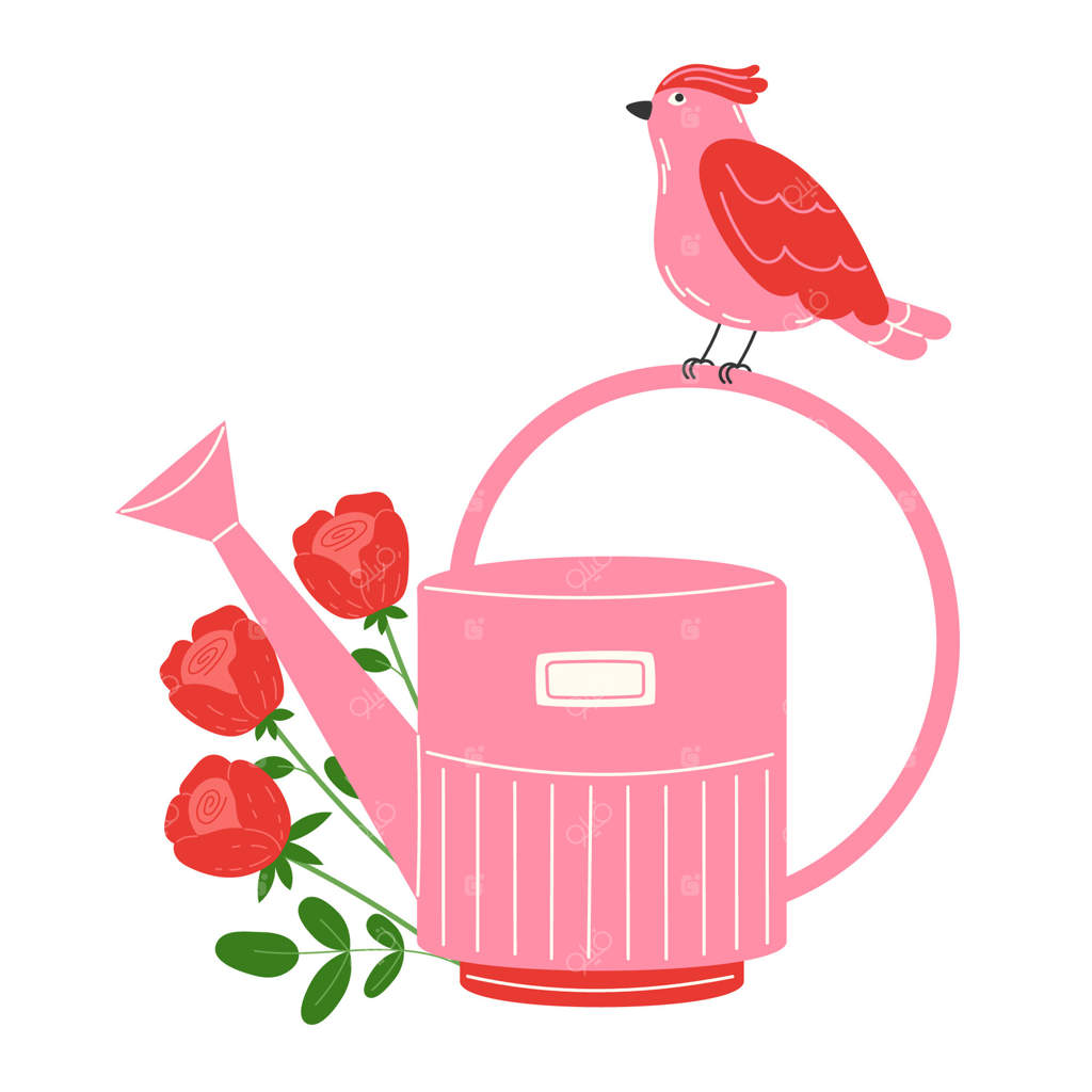 پرنده قرمز کوچکی روی دسته آبپاش صورتی در میان گل‌های رز قرمز نشسته است