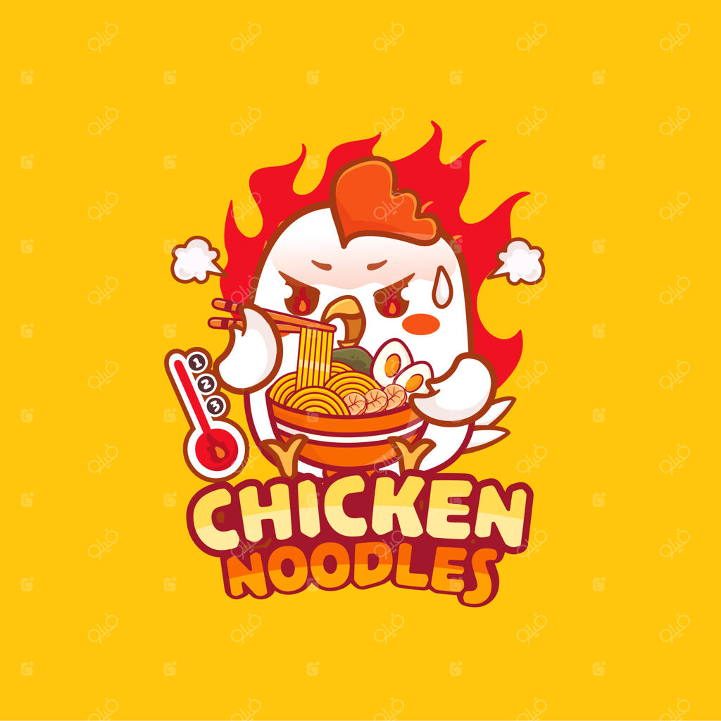 لوگوی مسکات جوجه بامزه در حال خوردن رامن تند و آتشین با چهره‌ای برافروخته از تندی