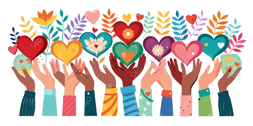 قلب‌ها و گل‌های رنگارنگ در دستانی گوناگون