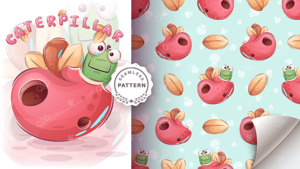 شخصیت کارتونی کرم خنده‌دار در سیب - پترن یکپارچه وکتور EPS 10