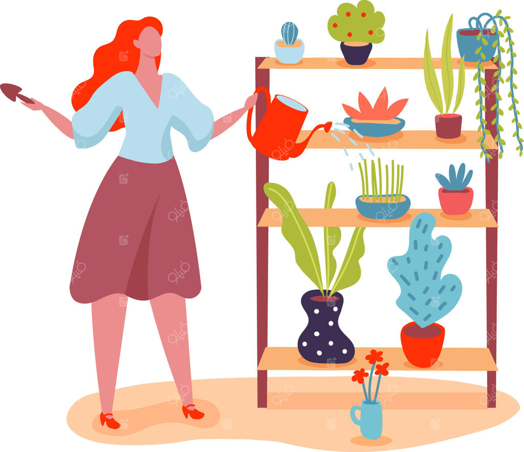 باغبان جوان با بیلچه و آب‌پاش، در حال مراقبت از گیاهان خانگی روی قفسه‌های چوبی و لذت بردن از سرگرمی باغبانی در منزل