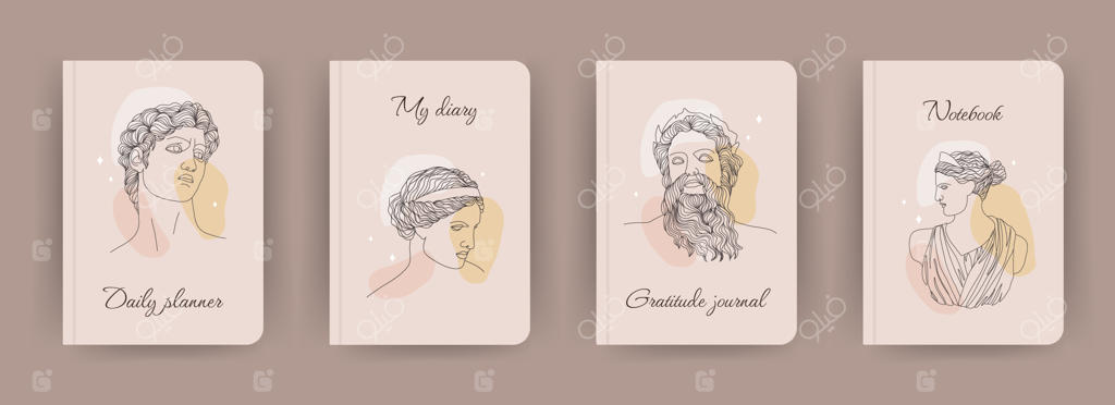 مجموعه قالب جلد دفتر با طرح خدایان یونان باستان به سبک طراحی تک‌خطی