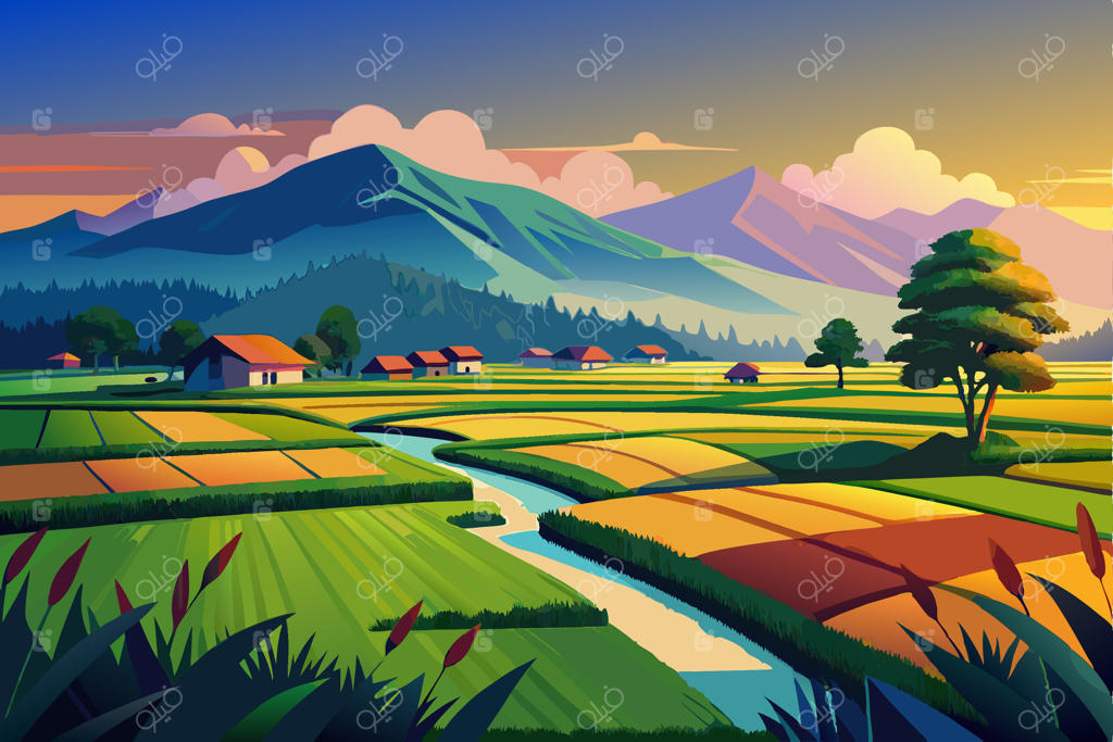 تصویری کارتونی از یک مزرعه و کوه‌ها