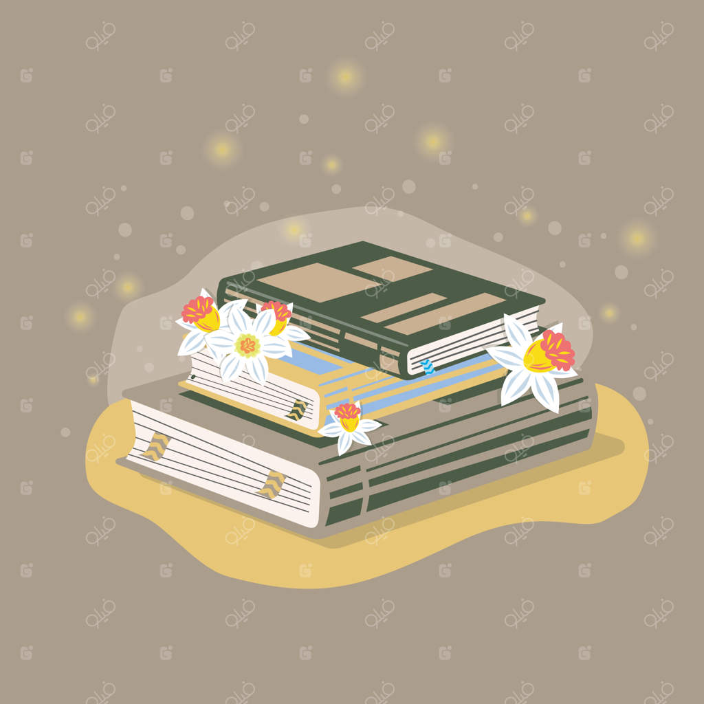 چیدمان کتاب‌ها و گل‌ها بر روی زمینه‌ای گرم