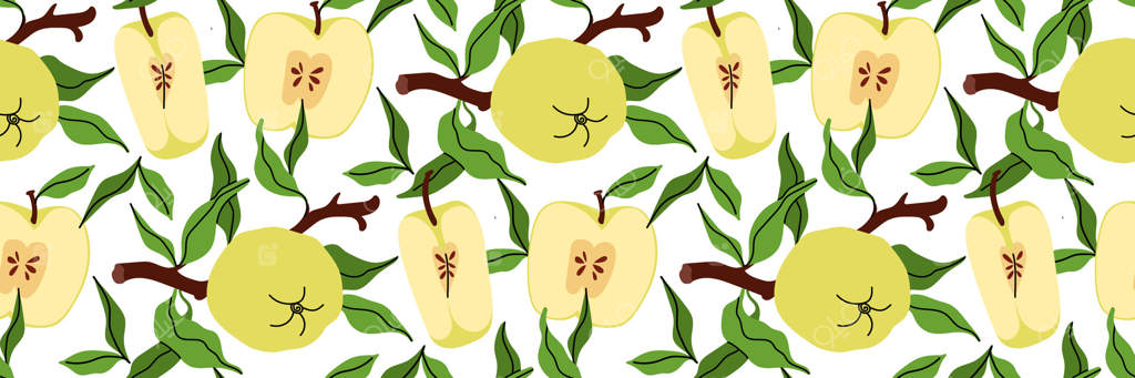 پترن روشن و منسجم با سیب‌های سبز کامل و نصفه، برگ‌ها و شاخه‌ها. پس‌زمینه باغ بهاری. ایده‌آل برای طراحی پارچه، منو، بسته‌بندی و طراحی آشپزخانه. تصویرسازی ساده.