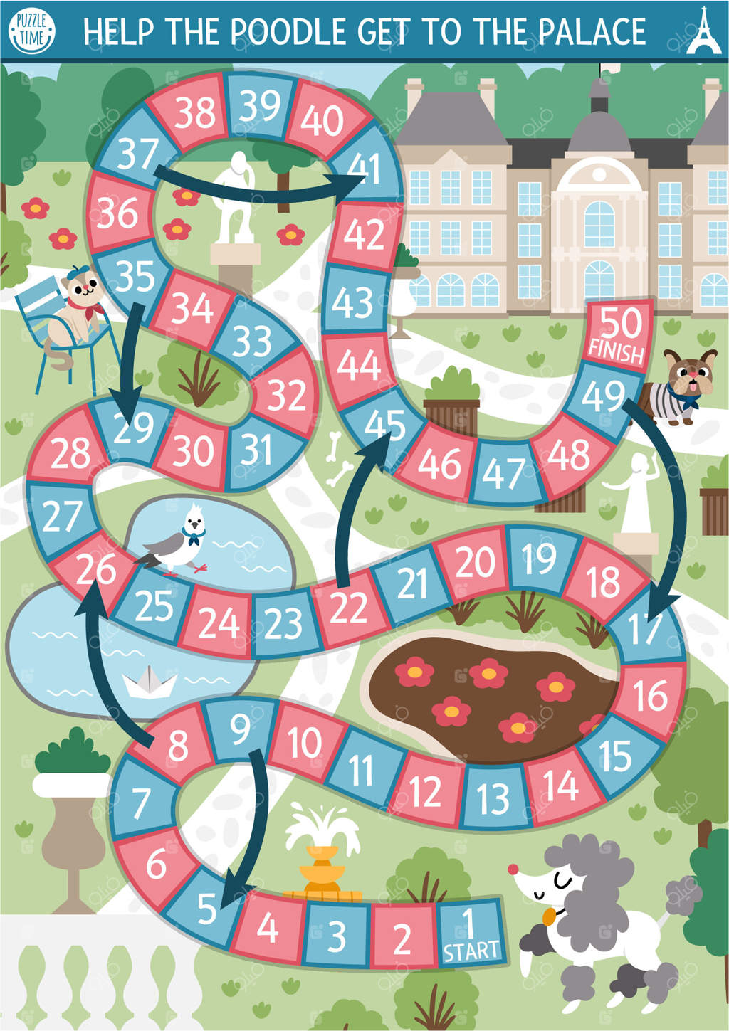بازی تخته‌ای کودکان فرانسوی: سگ پودل در حال رفتن به کاخ لوکزامبورگ از راه باغ. بازی مفرح و آموزشی با سگ بامزه در پارک پاریس. فعالیت قابل چاپ برای کودکان با جاذبه‌های پاریس