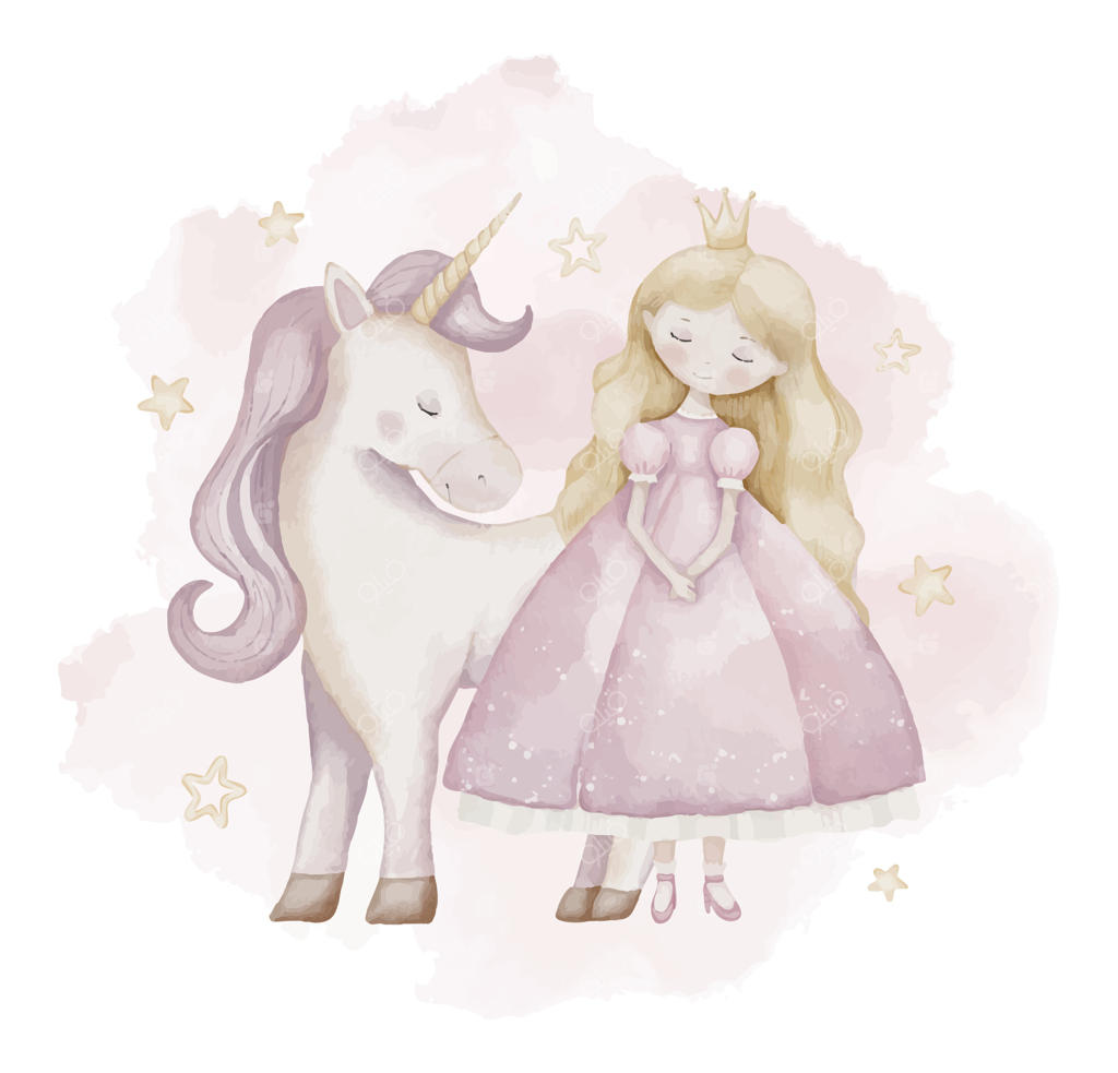 پرنسس و تک‌شاخ: تصویر آبرنگی. اثر هنری دست‌ساز با اسب جادویی و دختری با موهای بلند و بلوند برای کارت‌های تبریک سیسمونی یا دیوارکوب اتاق دخترانه. نقاشی فانتزی با رنگ‌های ملایم.