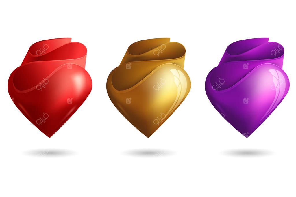 مجموعه‌ای از قلب‌های سه‌بعدی براق با سایه روی زمینه سفید