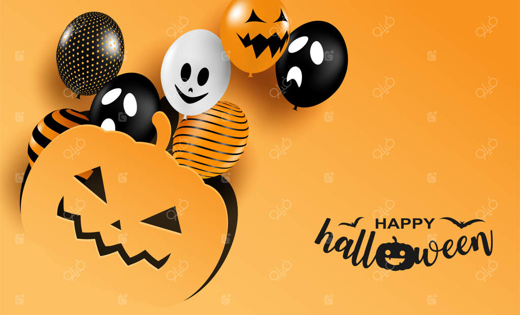 هالووین مبارک! طراحی مهمانی با بادکنک‌ها روی پس‌زمینه نارنجی