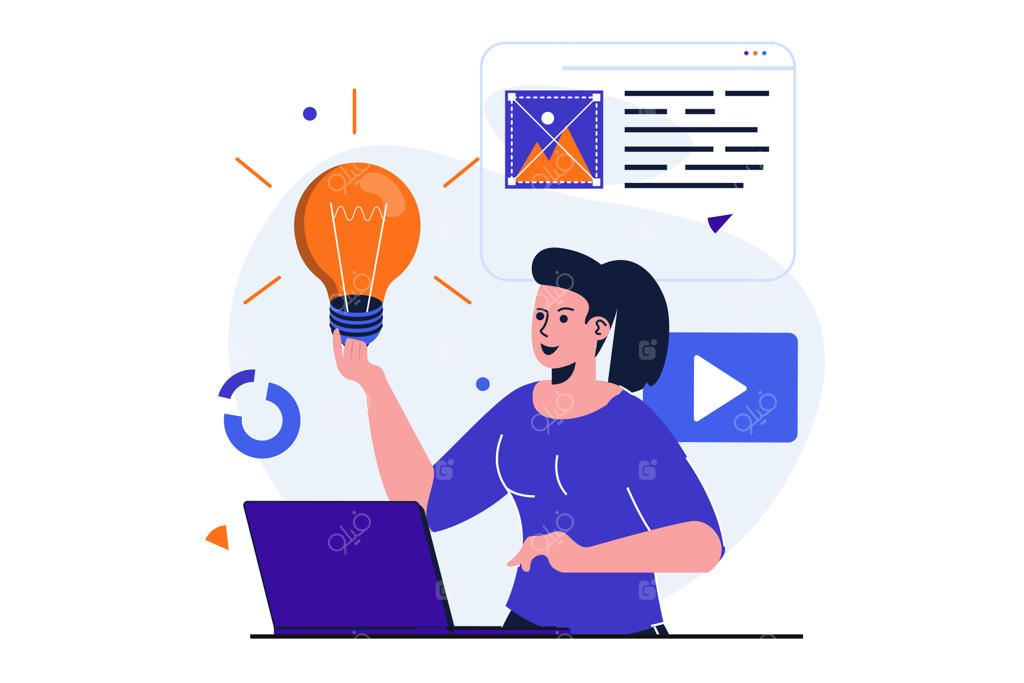 مفهوم مدرن بازاریابی برای طراحی بنر وب: زن بازاریاب در حال ایجاد ایده‌های جدید