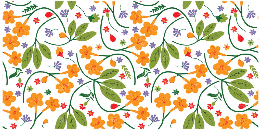 پترن تکراری زنده‌ای از گل‌های نارنجی، شکوفه‌های بنفش و برگ‌های سبز روی زمینه‌ سفید که طرحی شاداب خلق می‌کند.