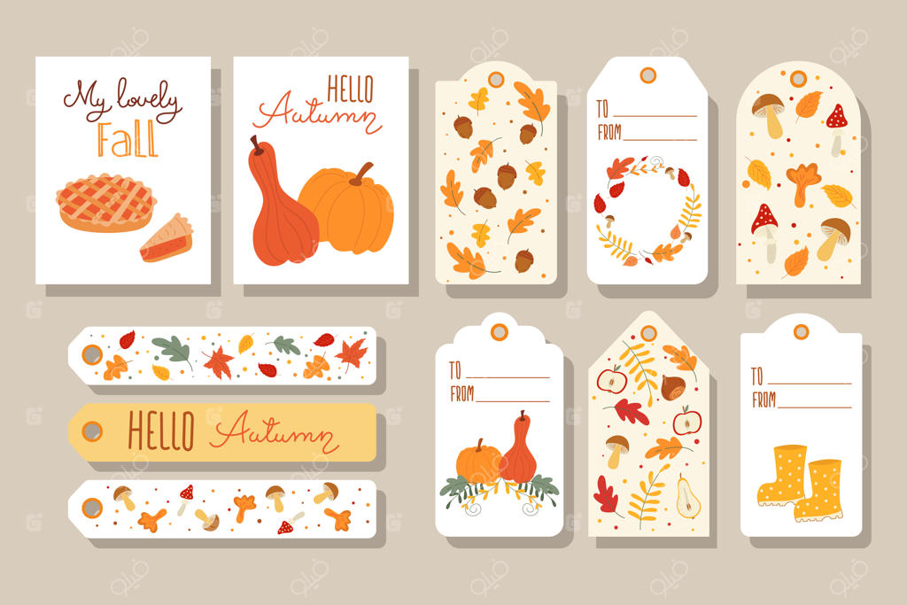 مجموعه‌ای از کارت‌ها و برچسب‌های پاییزی: برچسب‌های هدیه با کدو تنبل، برگ‌های پاییزی و طرح‌های فصل پاییز