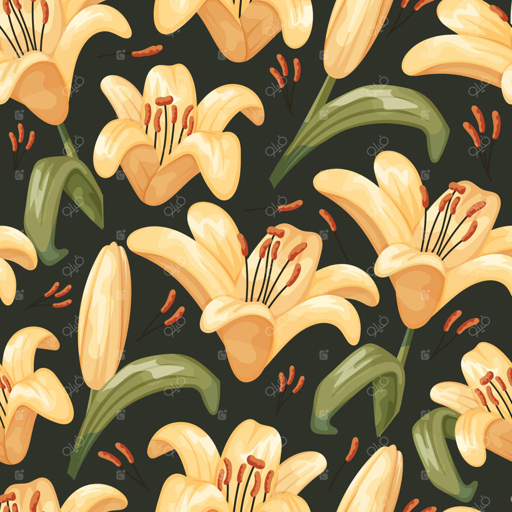 غنچه زیبای نیلوفر در حال شکوفایی - پترن یکپارچه وکتوری، گل با ساقه و برگ‌ها