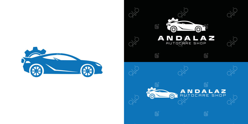 لوگوی مدرن برای تعمیرگاه خودرو، شامل طرحی از سیلوئت خودرو یکپارچه‌ با چرخ‌دنده برای نمایش دقت و کارایی.