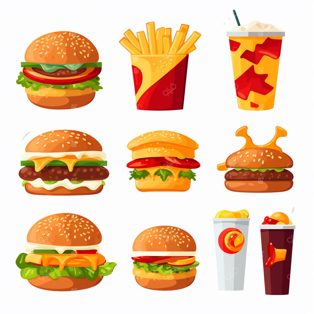 آیکون وکتور همبرگر و تصویرسازی غذاهای فست‌فود، منوی رستوران، پیتزا و ساندویچ
