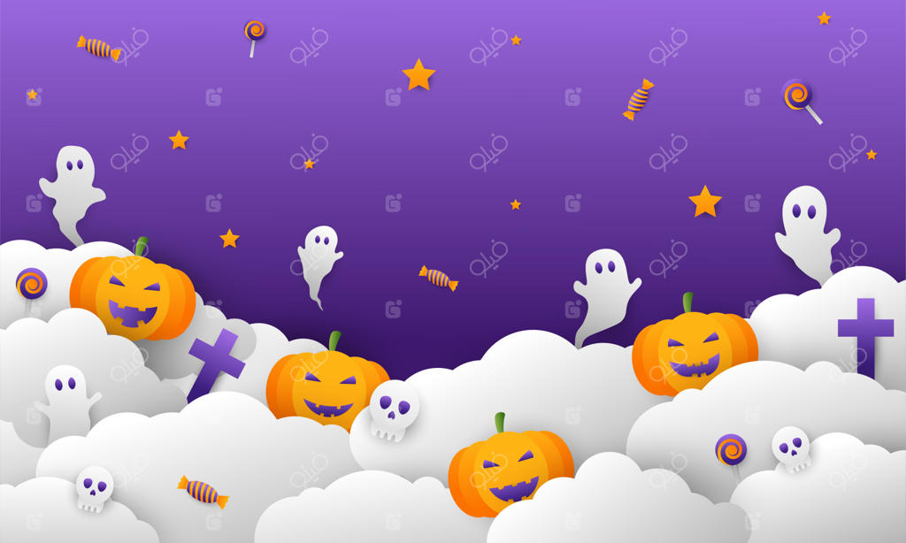 تصویرسازی وکتوری روز هالووین با المان‌های کدو تنبل، آب‌نبات و ارواح