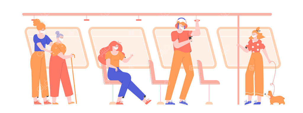 افرادی با ماسک پزشکی در حمل و نقل عمومی در دوران همه‌گیری ویروس. محافظت از خود و دیگران در برابر بیماری. مسافران مترو، اتوبوس، تراموا. تصویرسازی ساده.