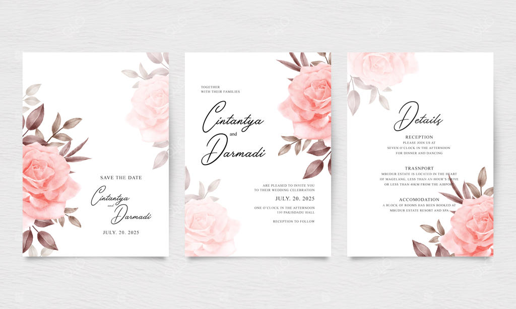 مجموعه قالب دعوتنامه عروسی سه‌صفحه‌ای با طرح آبرنگی رز شیک