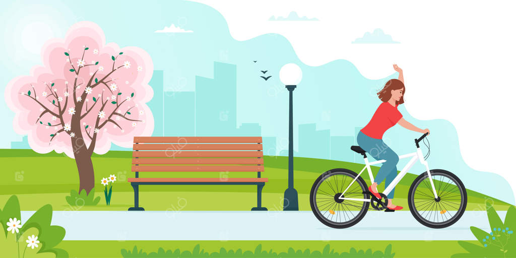 زن در حال دوچرخه‌سواری در پارک در منظره بهاری - تصویرسازی وکتور به سبک ساده