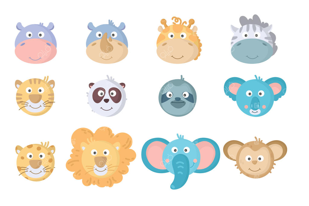 مجموعه صورت‌های بامزه حیوانات. کاراکترهای طراحی شده با دست. شیر، زرافه، فیل، لاک‌پشت، گورخر، طوطی، اسب آبی، میمون، تنبل، کرگدن، پاندا، ببر، توکان. سر حیوانات وحشی