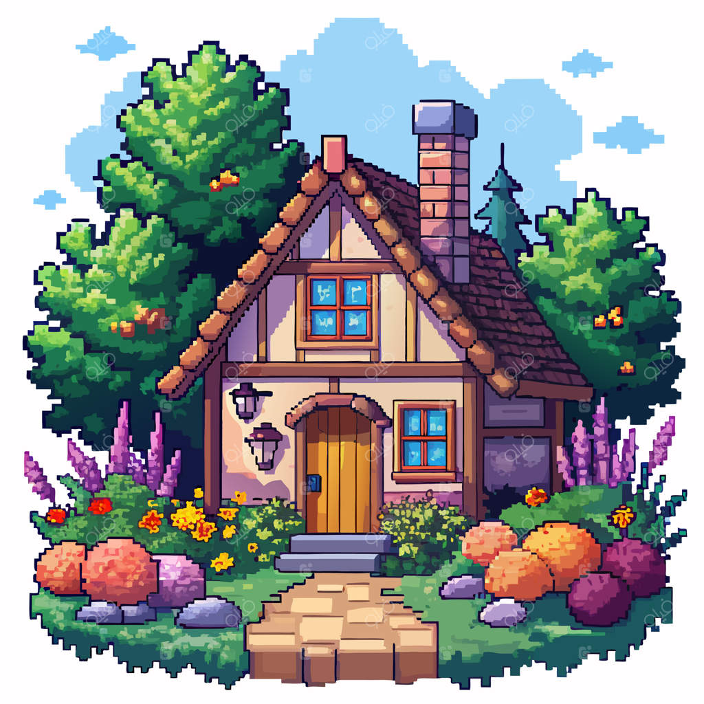 تصویر کلبه جذاب با باغ سرسبز و گل‌های زنده به سبک هنر پیکسلی قدیمی
