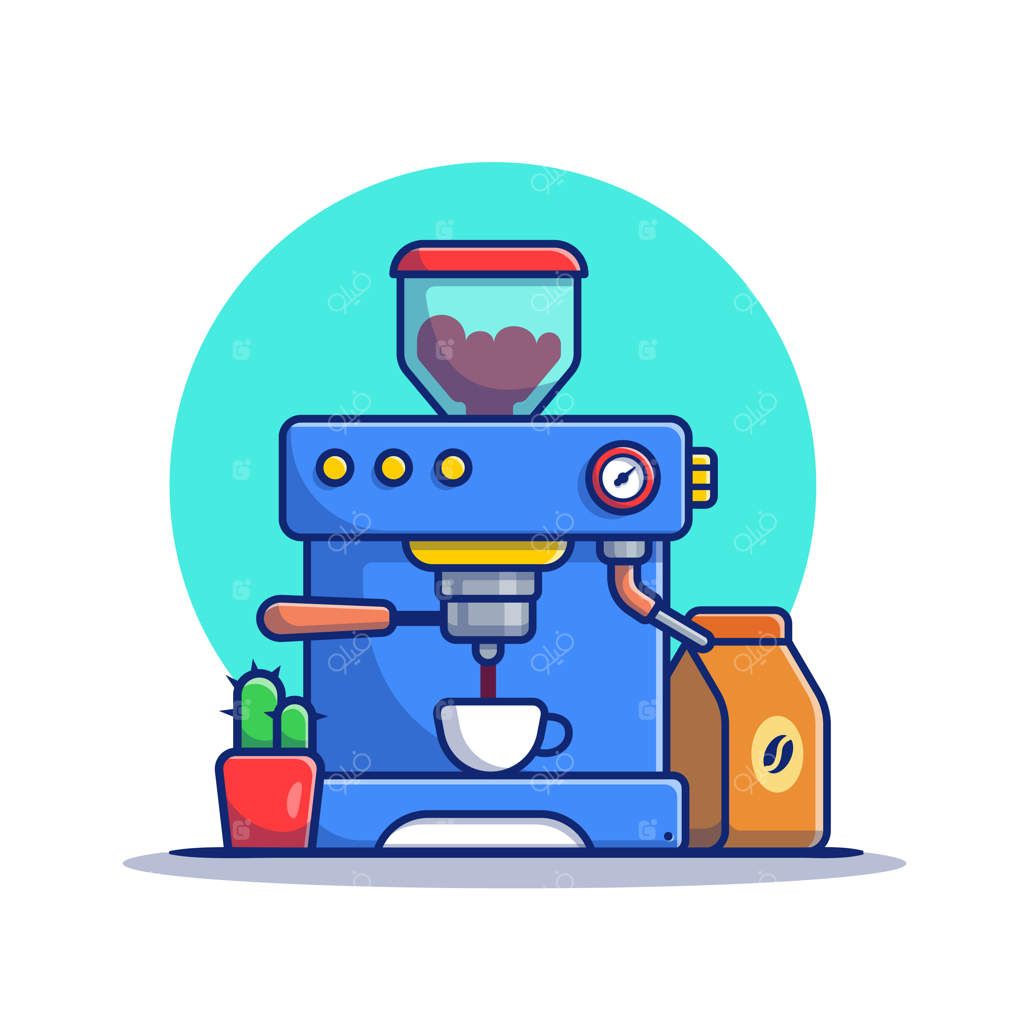 نماد کارتون قهوه‌ساز با ماگ، بسته قهوه و کاکتوس. مفهوم نماد قهوه‌ساز مجزا و ویژه به سبک کارتونی و تخت.