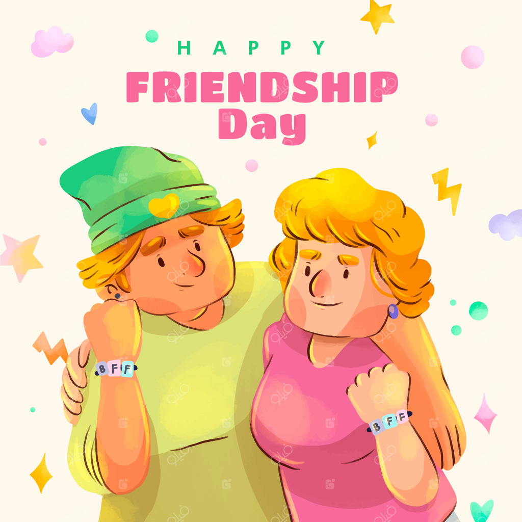 تصویرسازی آبرنگی روز دوستی با گروهی از دوستان