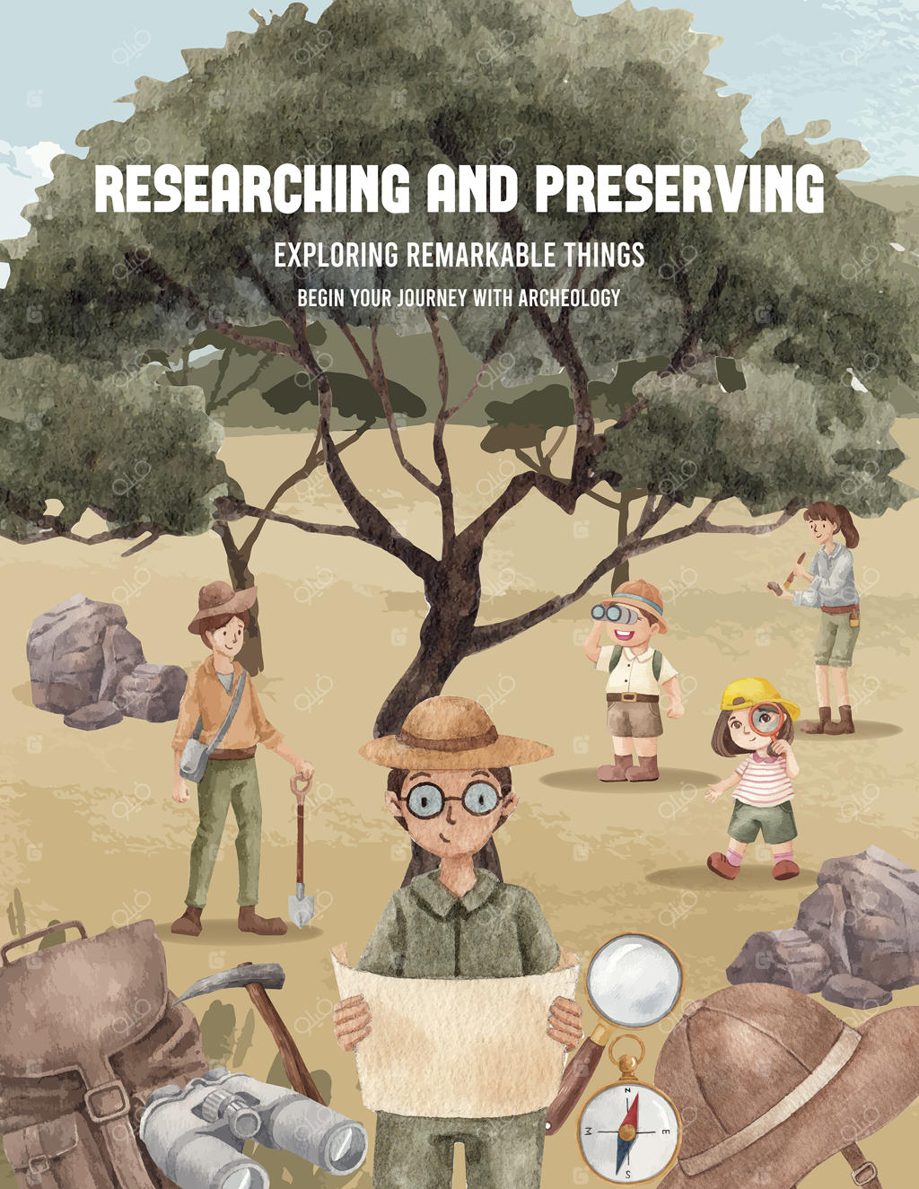 قالب پوستر با طرح باستان‌شناس فسیل به سبک آبرنگ