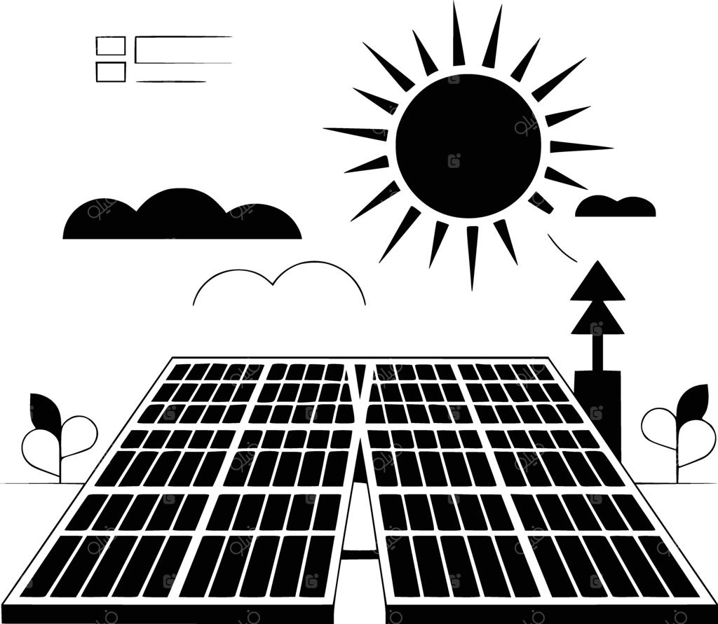 تصاویر جذاب سیاه و سفید از یک سقف با صفحات خورشیدی، در پس‌زمینه سفید.