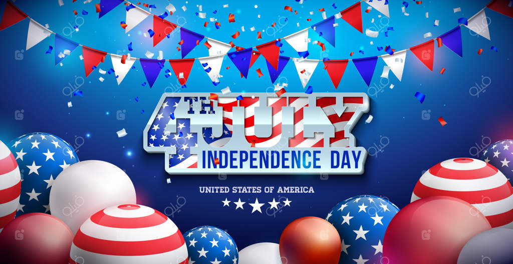 وکتور روز استقلال ۴ ژوئیه آمریکا با پرچم ایالات متحده و بادکنک‌های جشن