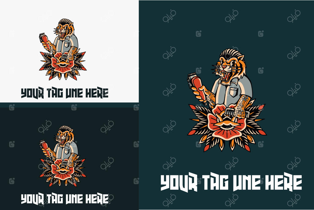 طراحی نماد ببر و گل برای آرایشگاه (وکتور)