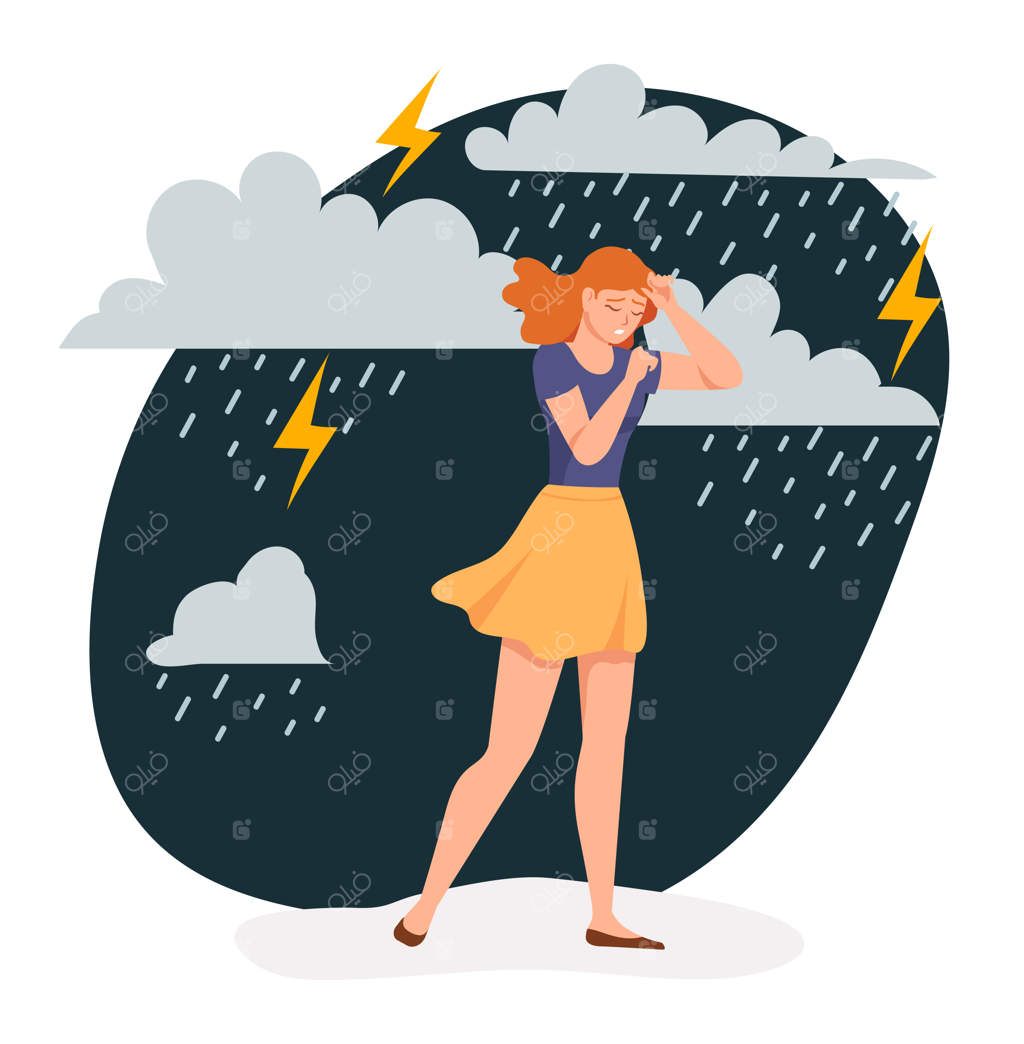 زن افسرده: دختری تنها زیر باران طوفانی با ابرها و رعد و برق، شخصیت زنی با احساس اضطراب