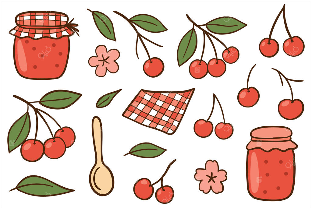 تصویر جذاب مربای گیلاس و عناصر آشپزخانه به صورت وکتور حرفه‌ای